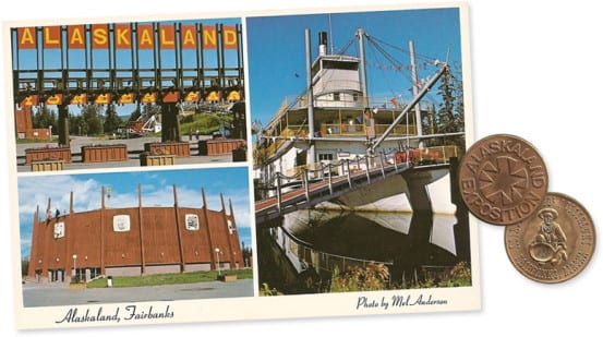 Postcard from Alaskaland, and token from the centennial exposition