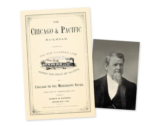 One of the early publications by Daniels for the Chicago & Pacific, and his photo from 1889