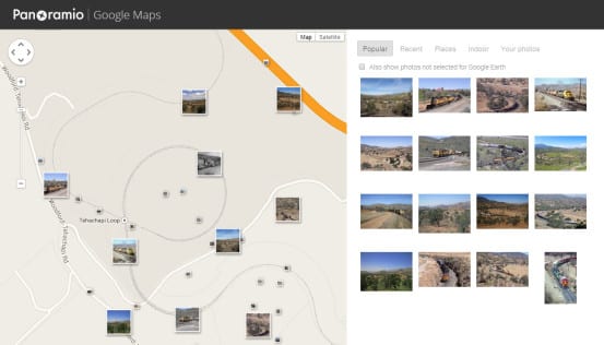 A map search showing all the photos taken of Tehachapi Loop in California, showing where each photographer was standing