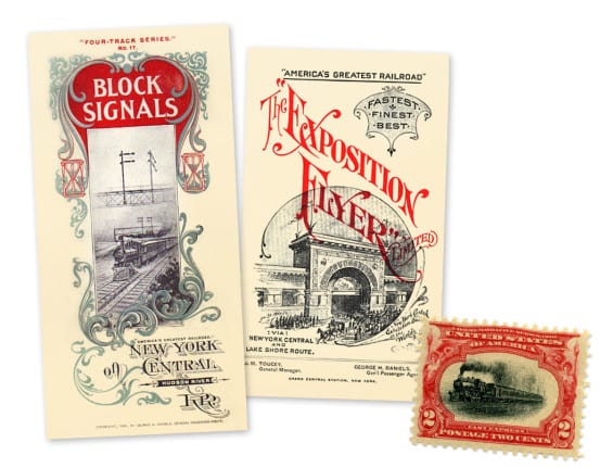 Brochures published by Daniels during his tenure as General Passenger Agent, and the special stamp featuring the Empire State Express