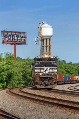 Norfolk Southern passes the Chick-Fil-A water tower in Atlanta