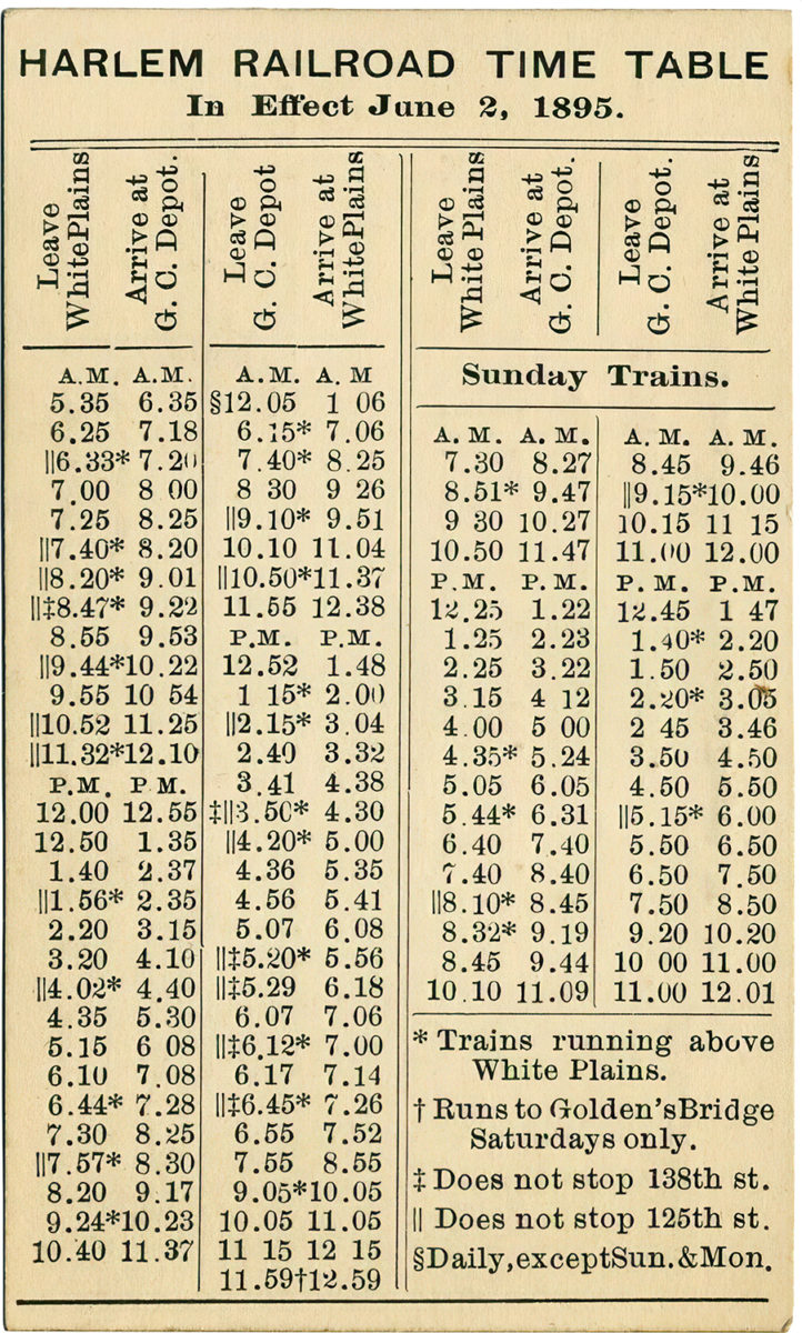 Back of an unofficial Harlem Division timetable printed for Admiral Dot's Hotel.
