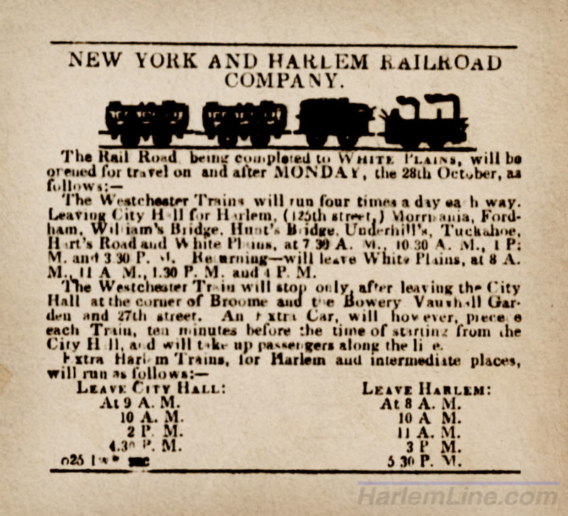 The first timetable after the opening of the line to White Plains, October 1844. Early timetables were printed in newspapers.