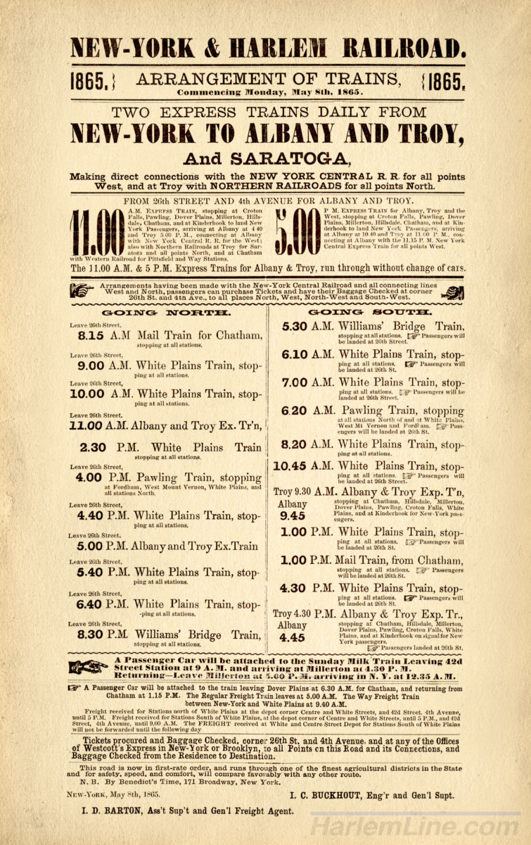 New York &amp; Harlem Railroad Timetable #1, 1865