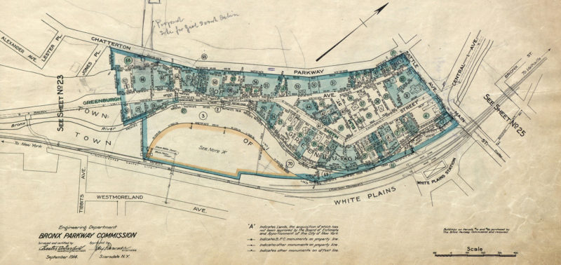 Map showing properties to be acquired for the construction of the Bronx River Parkway