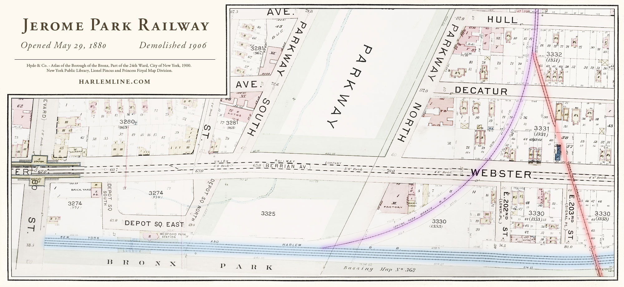 Map of the Jerome Park Railway showing part of the temporary line for disposing of excavated materials