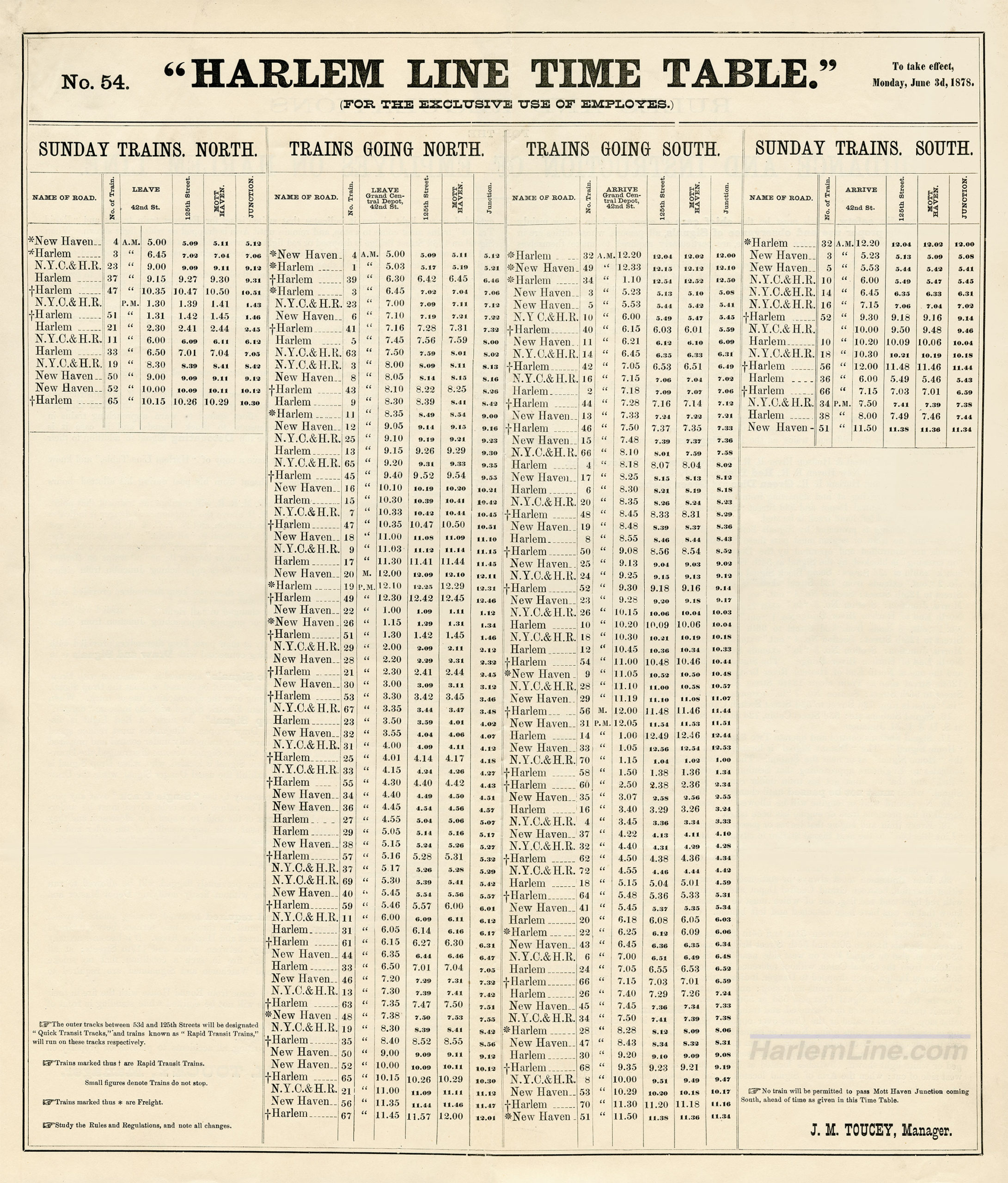 1878 Harlem Line Time Table for the exclusive use of employes