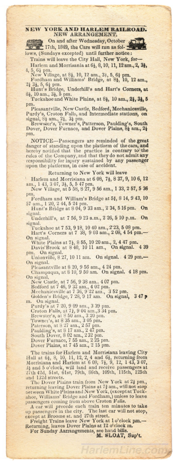Naming confusion: the place called Morrisania on this 1849 timetable would soon be called Mott Haven, and New Village would take the name Morrisania.