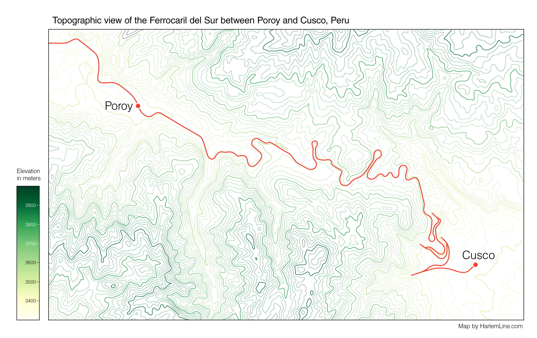 Topographic view of the Ferrocaril del Sur between Poroy and Cusco, Peru